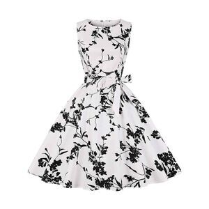 🖤🤍 Pinup Retro Vintage 1950s Floral White Rockabilly Dress w/Belt NEW L